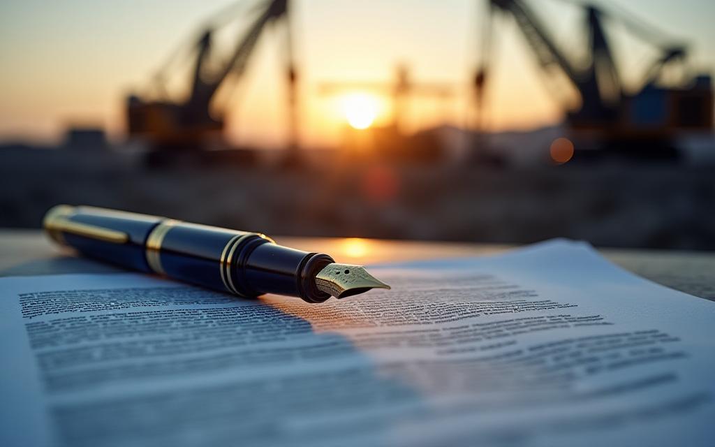 Legal documents overlaid with mining machinery silhouettes